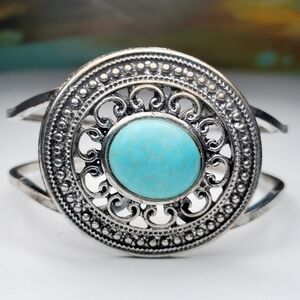 Turquoise & Silver Tone Hinged Bangle Bracelet